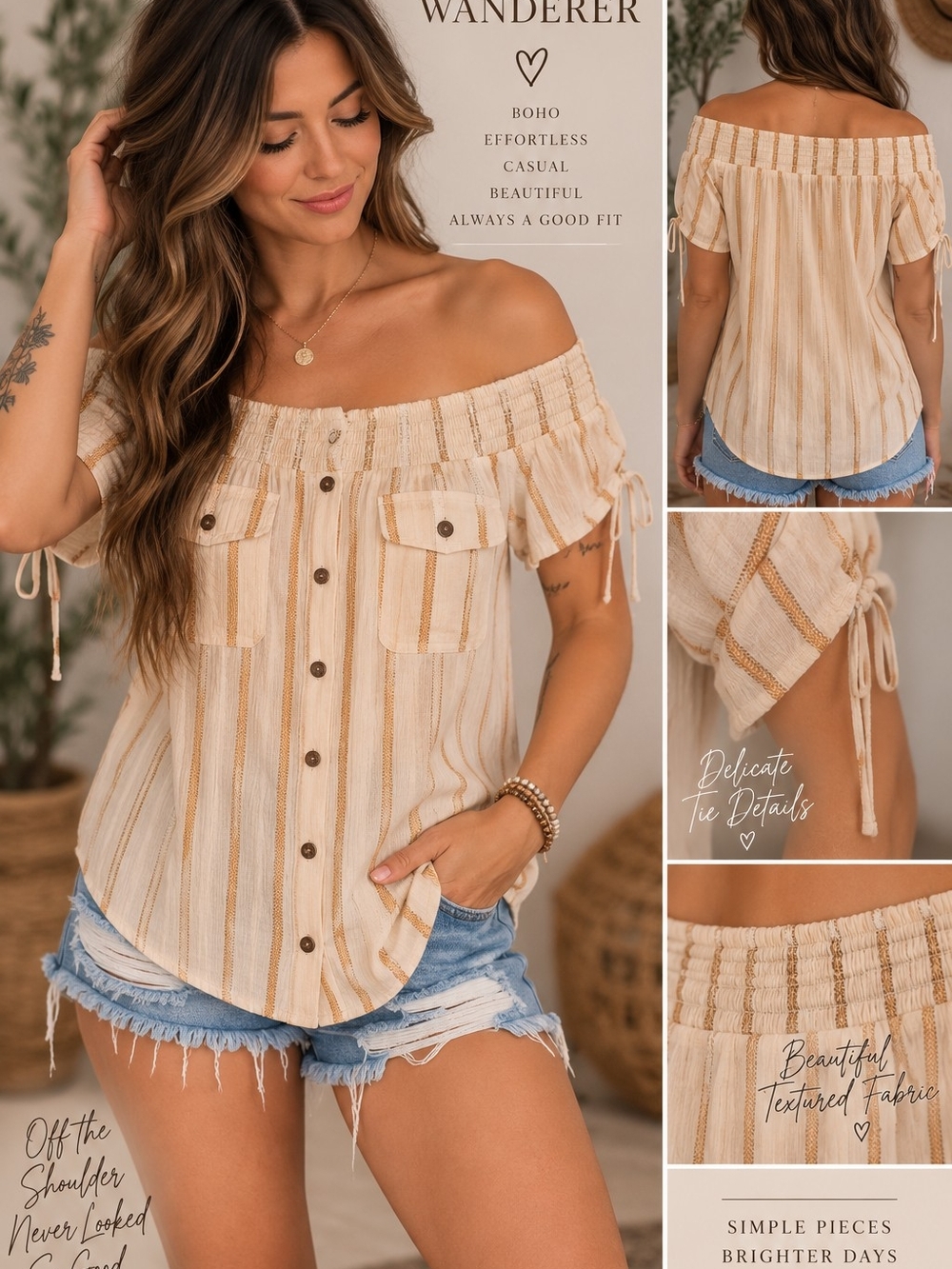 Sweet Wanderer Beige Striped Off-Shoulder Button Front Top